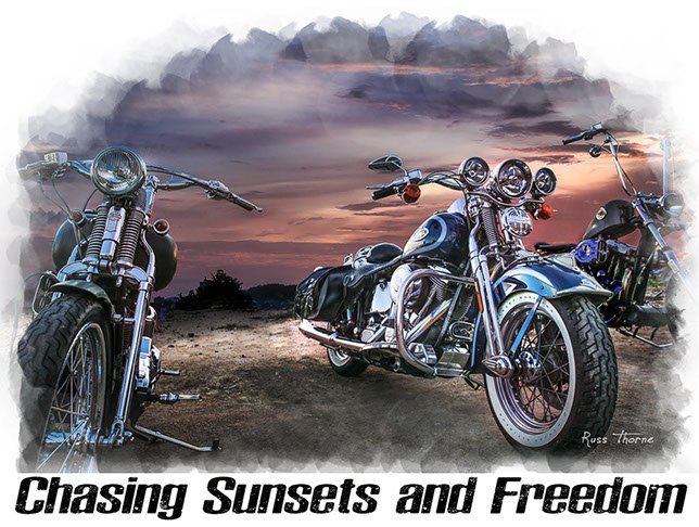 Three custom Harley-Davidson motorcycles displayed against a stunning sunset, showcasing their unique designs and craftsmanship.
