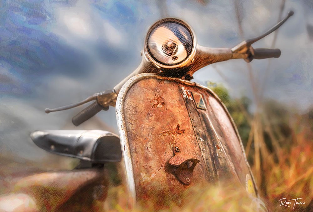 A rusting vintage Vespa scooter, partially hidden in tall weeds, reflecting years of beautiful patina.