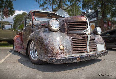 A 1940s Fargo pickup truck, featuring beautiful patinas that highlight its vintage character.