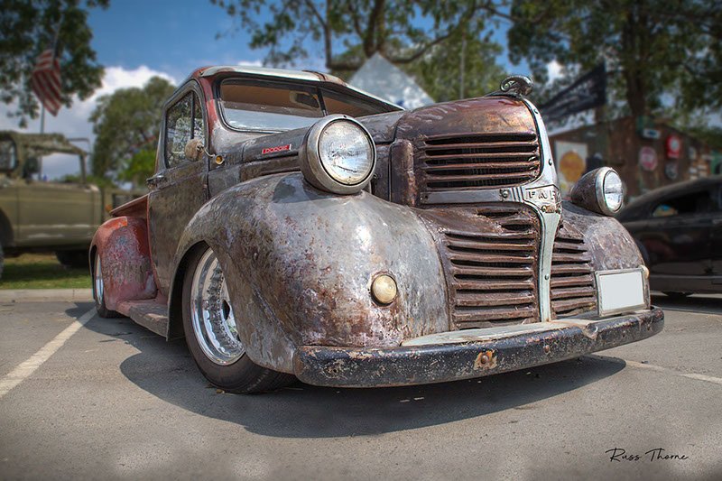 A 1940s Fargo pickup truck, featuring beautiful patinas that highlight its vintage character.